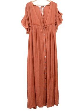 Flawless Women's M Flowy Ruffle Sleeve Boho Long Maxi Button‎ Up Dress Cover Up